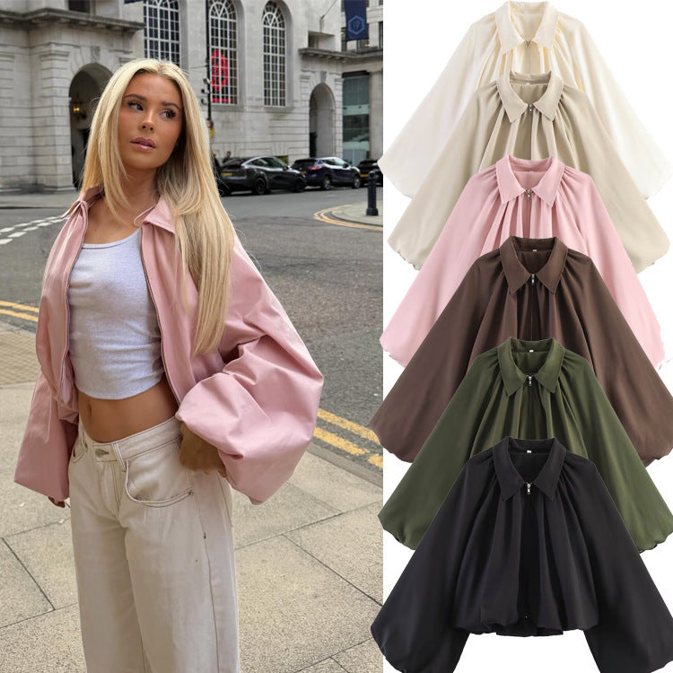 Women Short Cape Jacket with Wide Balloon Sleeves and Zipper Amarae