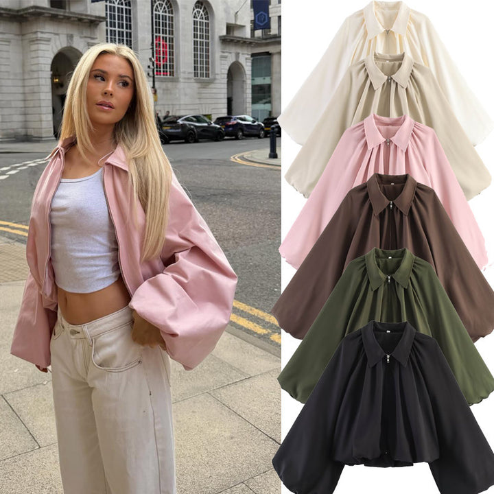Women Short Cape Jacket with Wide Balloon Sleeves and Zipper Amarae