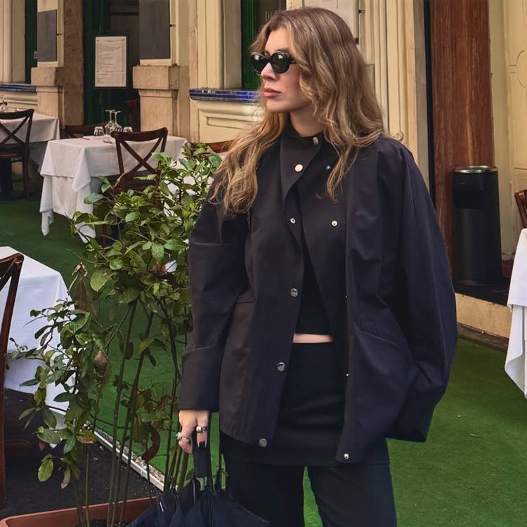 Women's oversized shirt jacket with stand collar, boxy silhouette and snap button placket Amarae