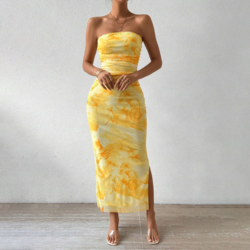 Robe maxi à manches longues pour femmes avec encolure bandeau et fente haute Chic & Stil