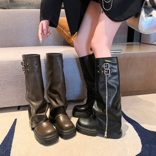 Knee-high boots for women with trendy zipper and adjustable strap Amarae
