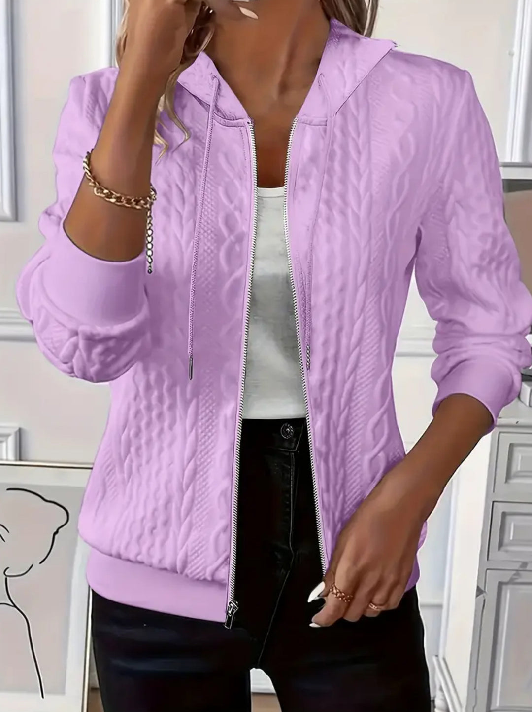 Women's knitted cardigan with hood and cable knit pattern Lune London