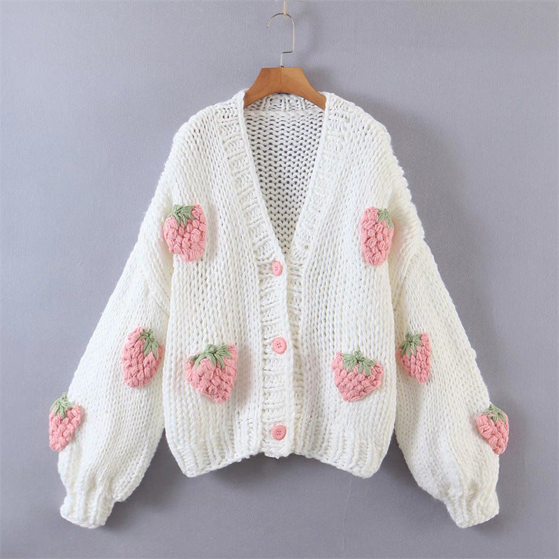 Womens knit jacket with strawberry appliqués and button closure Lune London