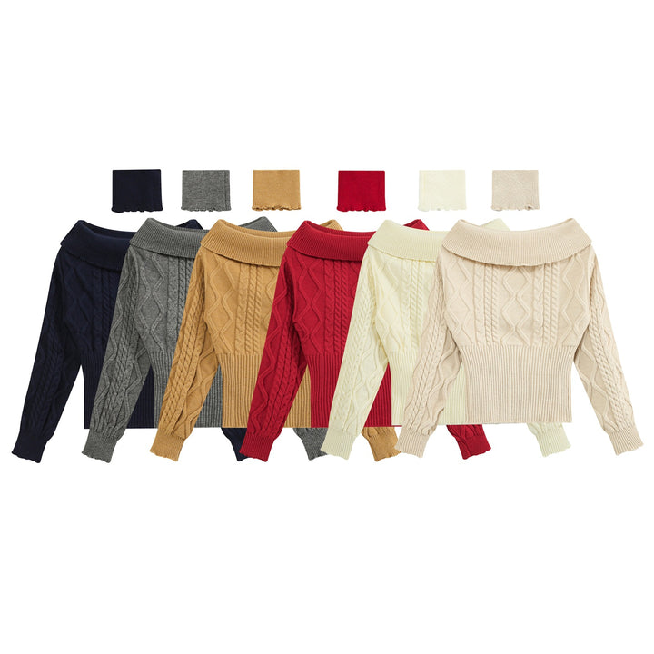 Women's Off-Shoulder Cable Knit Sweater with Wide Ribbed Cuff and Folded Collar Amarae