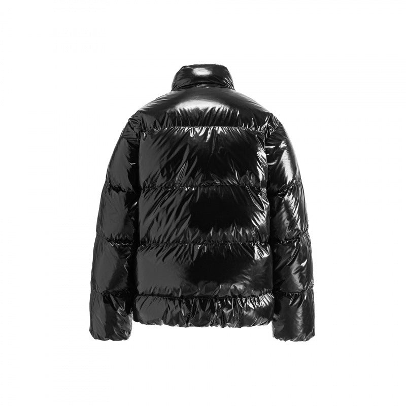 Unisex Glossy Quilted Puffer Jacket in Boxy Cut with Stand-Up Collar and Two-Way Zipper Amarae