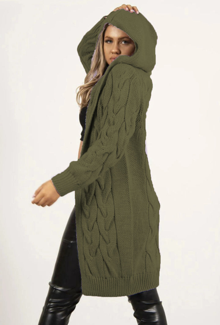 Knit coat for women with hood and cable knit pattern Lune London