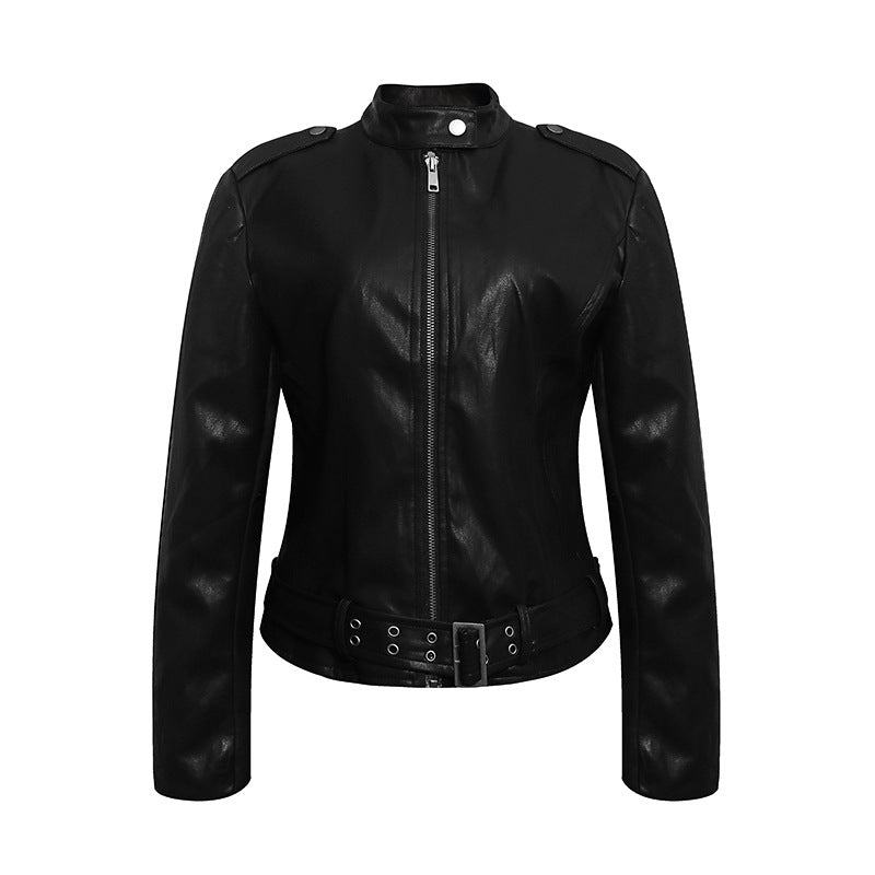 Women's Fitted Leather-Look Jacket with Stand-Up Collar, Epaulettes, and Waist Belt Amarae
