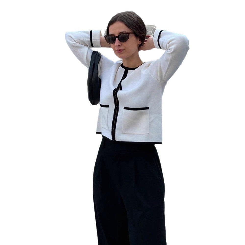 Women Fine Contrast Button Placket Cardigan with Piping and Applied Pockets Amarae