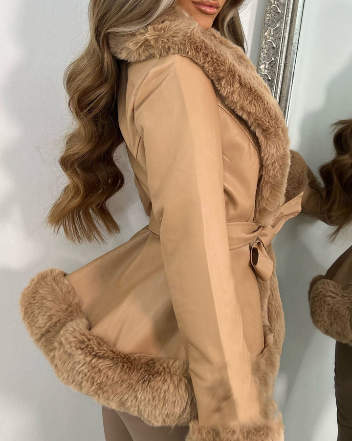Amarae | Fur Collar Lacing At The Waist Stitched Pu Leather Jacket