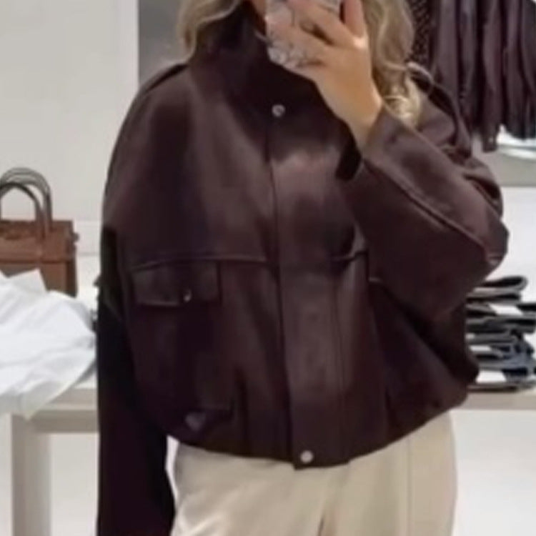 Women's Oversized Cropped Faux Leather Jacket with Stand Collar and Flap Pockets Amarae