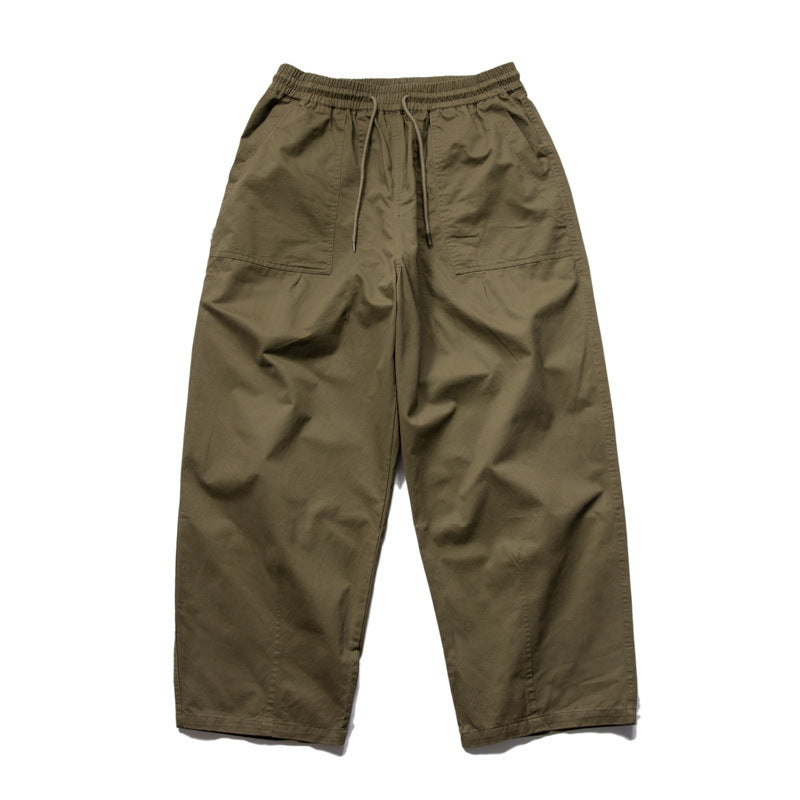 Men's Wide Relaxed Cargo Pants with Elastic Drawstring Waistband and Patch Pockets Amarae