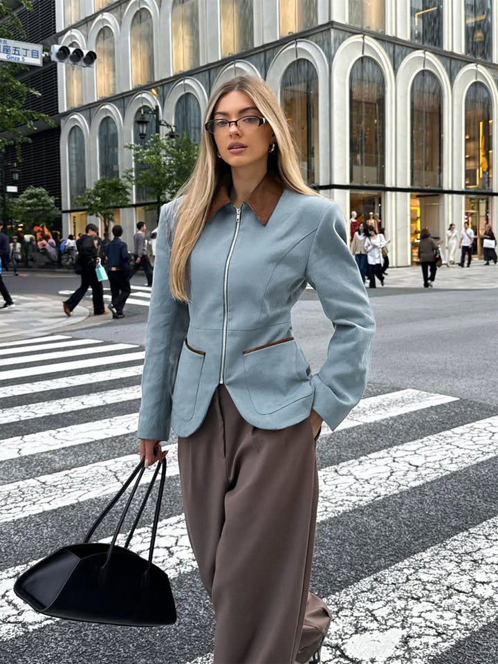 Women's Fitted Velvet Blazer with Zipper and Contrast Collar Amarae