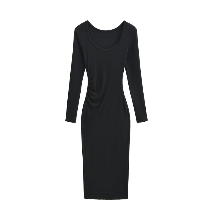 Women's Fitted Midi Dress with Side Ruching and Double Neckline Amarae