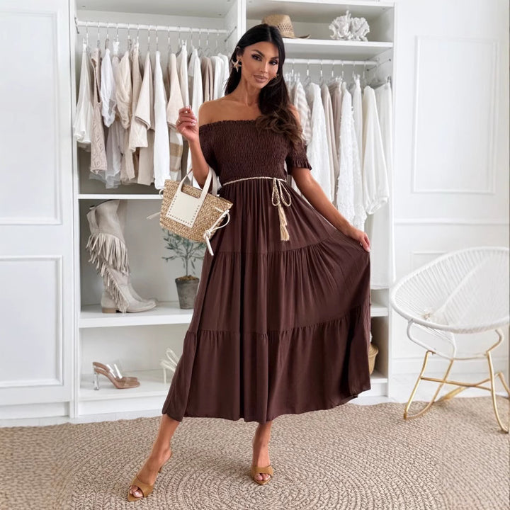 Maxi off-shoulder dress for women with ruched top and ruffled skirt Lune London