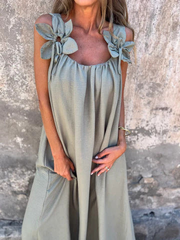 Fluid maxi dress for women with decorative ties at the shoulders Lune London