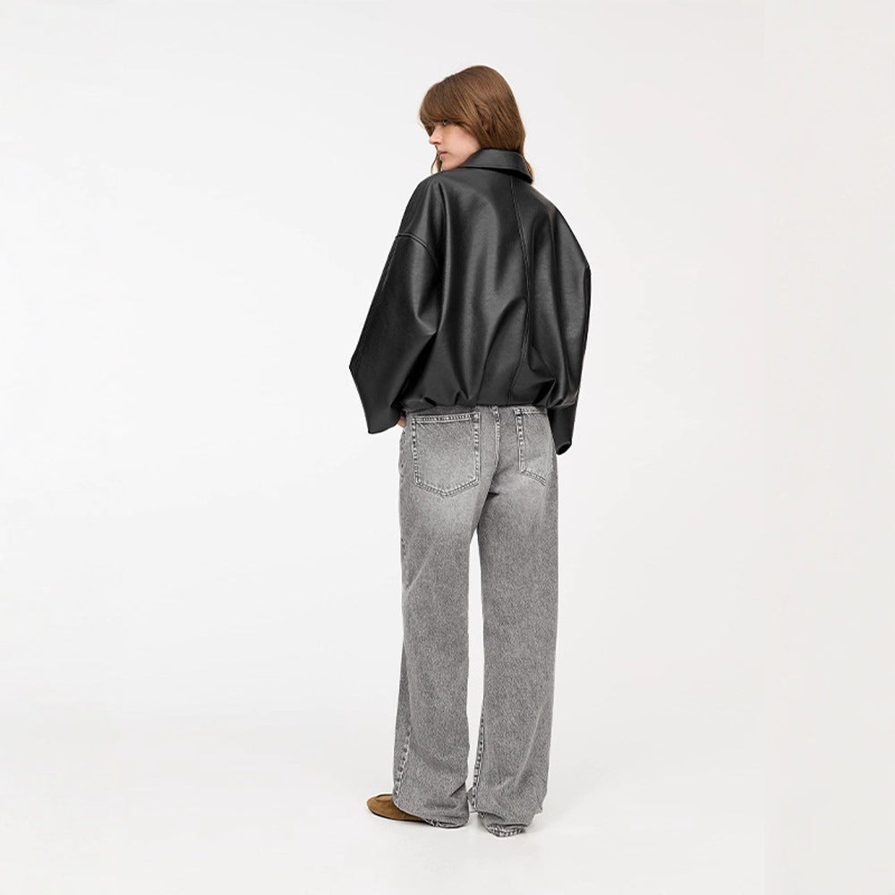 Fashion faux leather jacket for women with a loose fit and a waist belt Lune London
