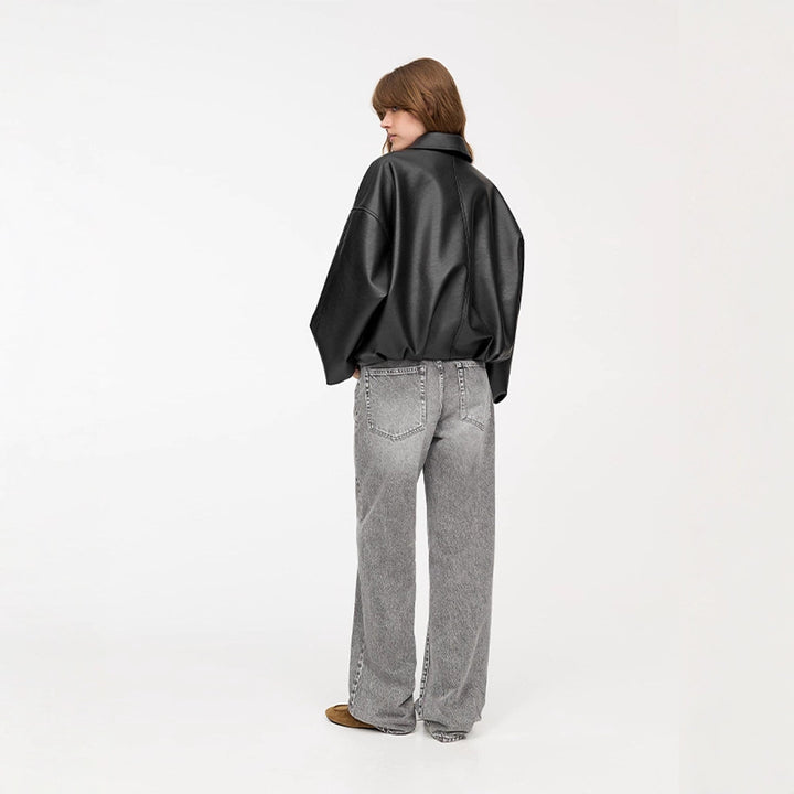 Fashion faux leather jacket for women with a loose fit and a waist belt Lune London