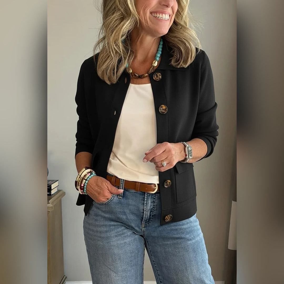 Women's short knitted cardigan with shirt collar, patch pockets, and horn buttons Amarae