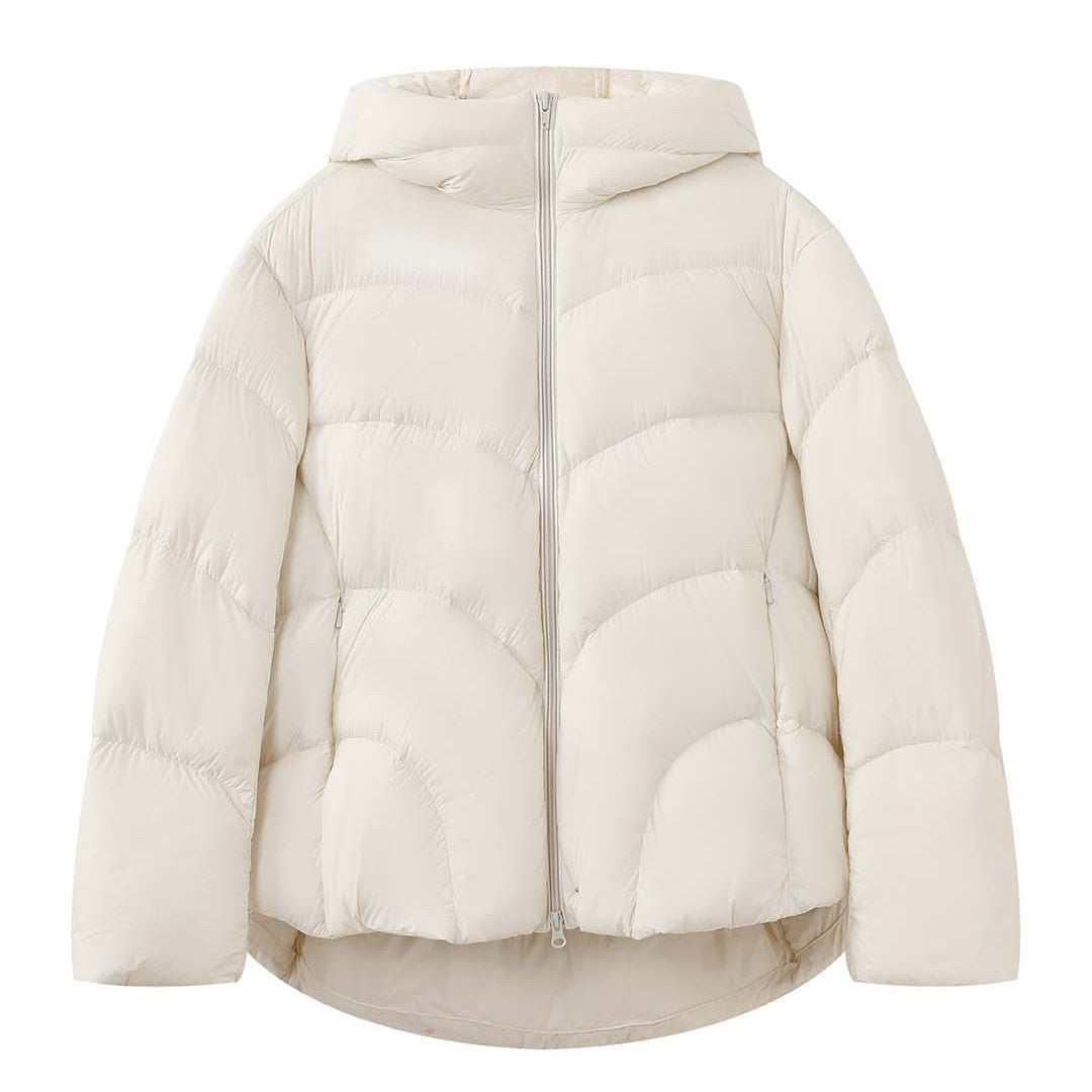 Women Short Cut Puffer Jacket with Hood, Insulating Filling and Waist Detail Amarae