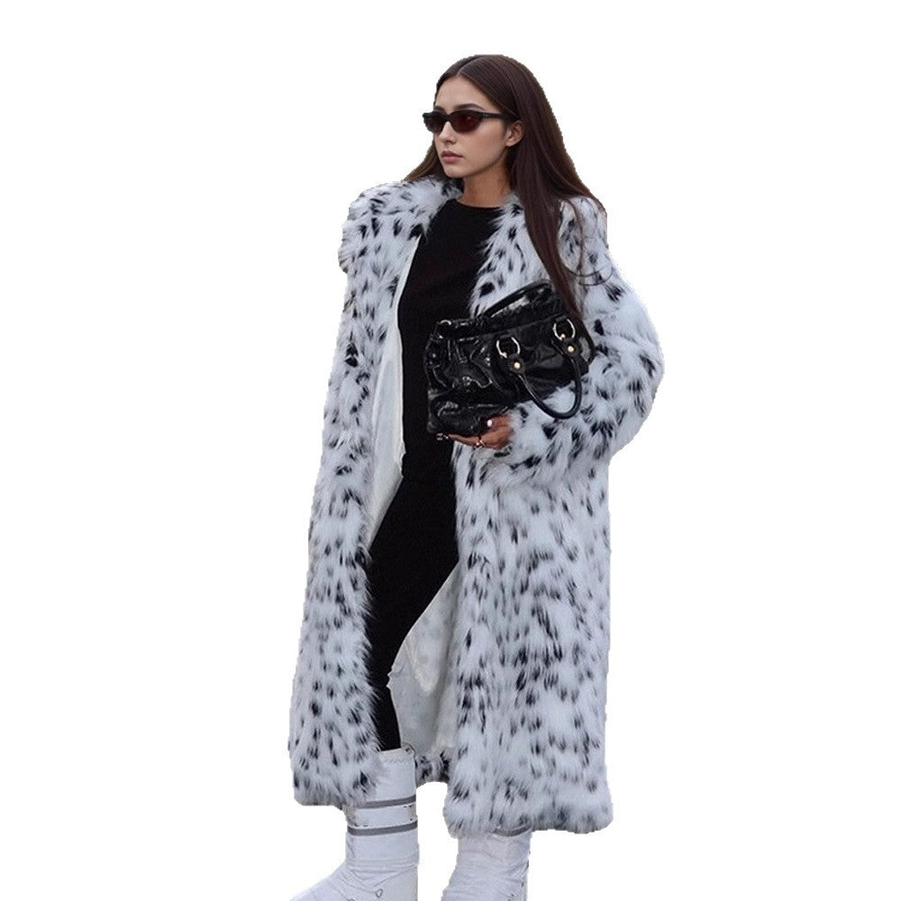 Women's luxurious long plush faux fur coat with opulent fur collar and speckled design Amarae