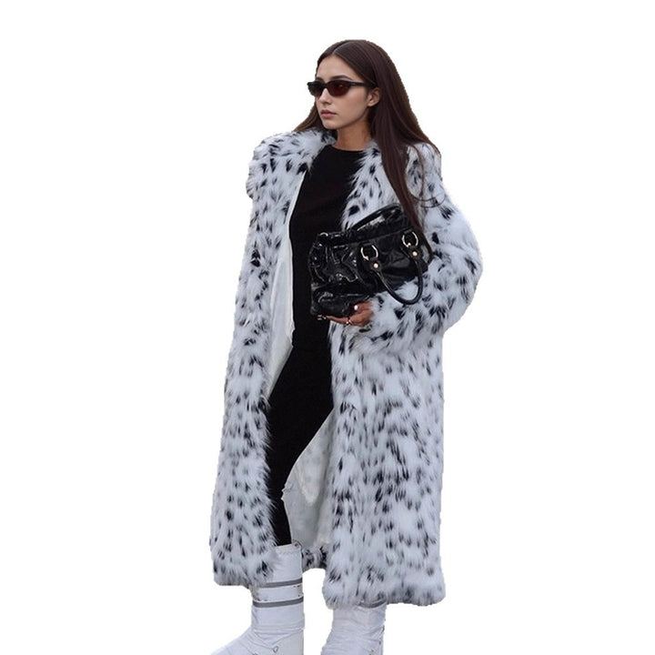 Women's luxurious long plush faux fur coat with opulent fur collar and speckled design Amarae