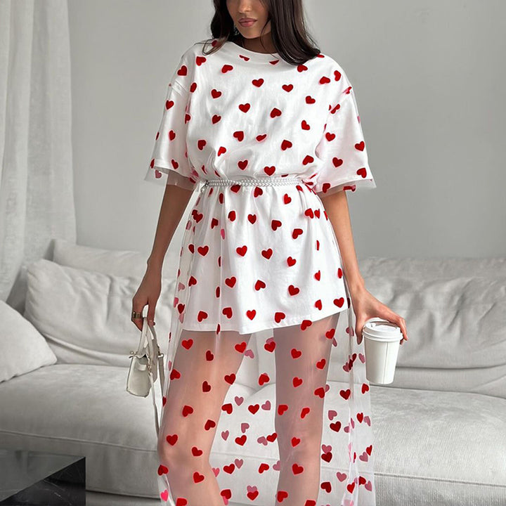 Modern tunic dress for women with heart pattern and sheer layer Lune London