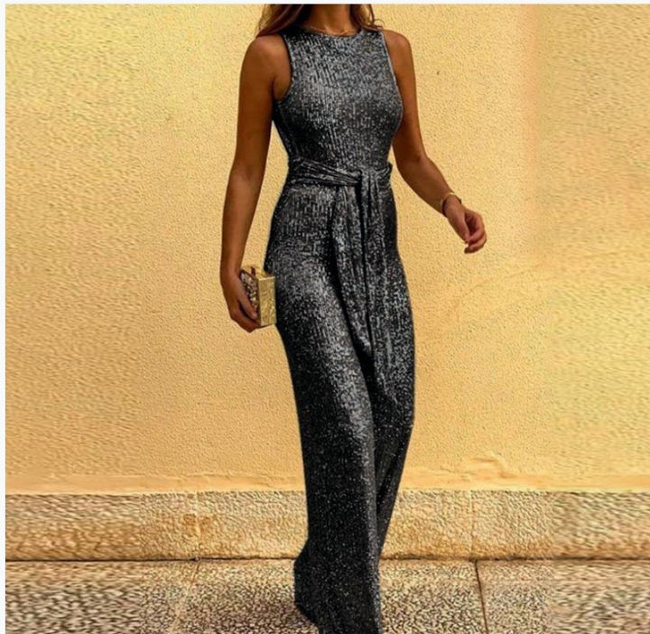 Women's Glamorous Maxi Dress with Shiny Sequin Trim and Elegant Waist Tie