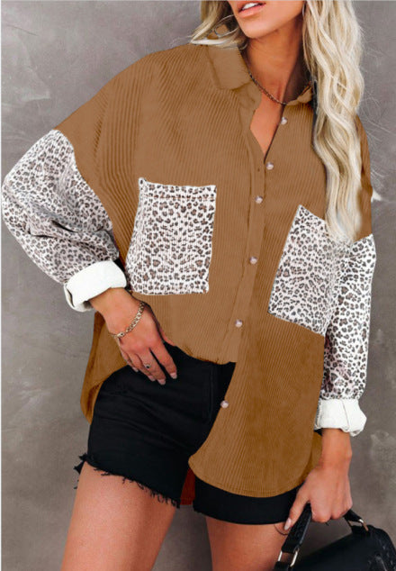 Ladies oversized shirt blouse with textured fabric and leopard print inserts Amarae