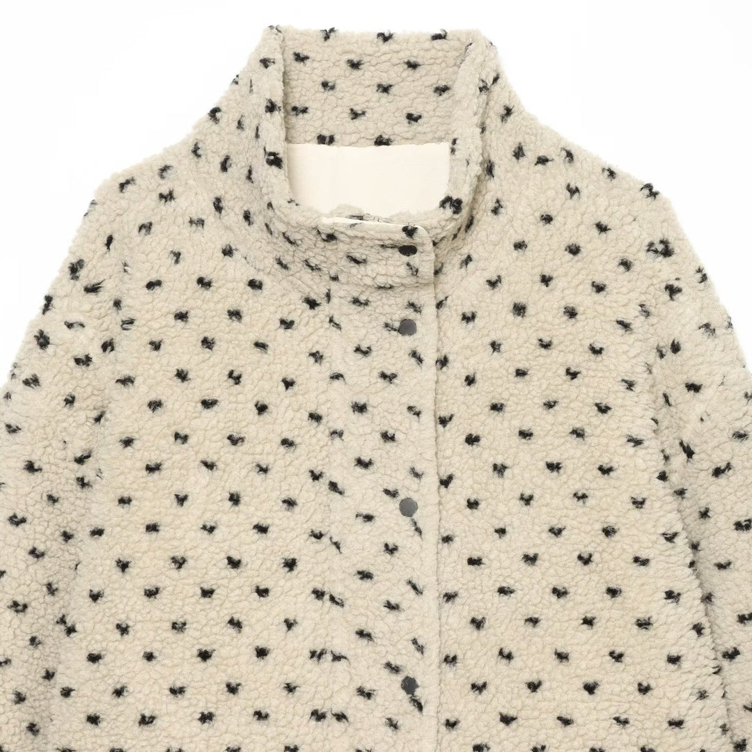 Women Short Teddy Jacket with Stand Collar and Polka Dot Pattern Amarae