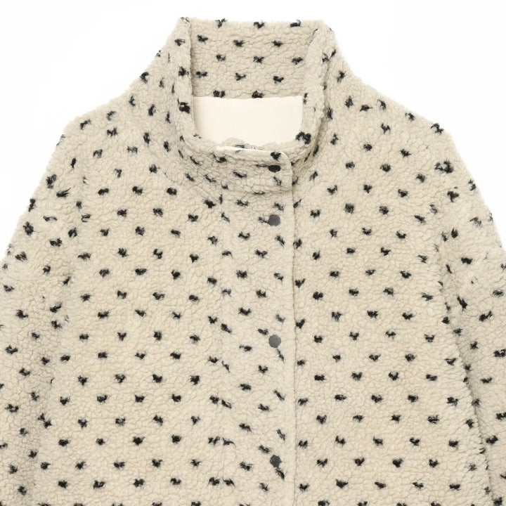 Women Short Teddy Jacket with Stand Collar and Polka Dot Pattern Amarae