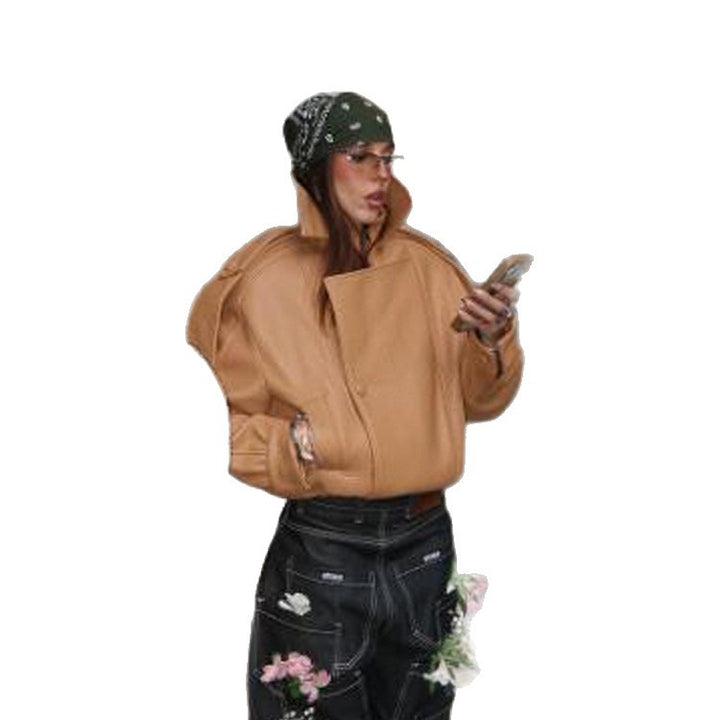 Ladies Cropped Oversized Jacket made of textured synthetic leather with a high stand-up collar Amarae