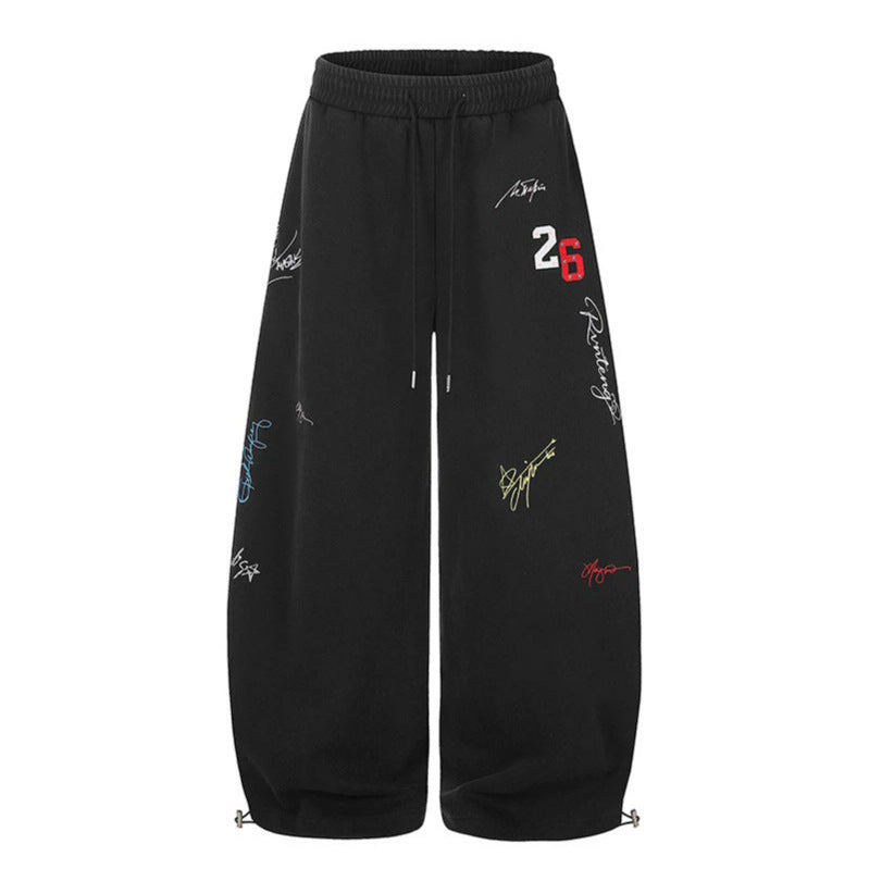 Women's Extra Wide Palazzo Sweatpants with Drawstring Waist, Embroidery Details, and Adjustable Hem