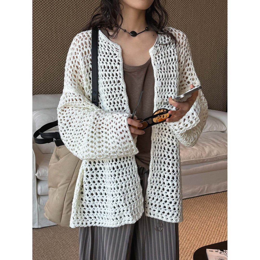 Women Crocheted Open Long Cardigan made of Cotton Blend with Hole Pattern and Button Placket Amarae
