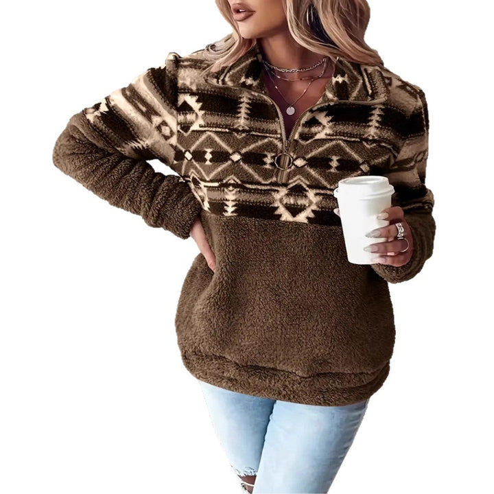 Women's Fleece Pullover with Modern Aztec Pattern and Stand-Up Collar Lune London