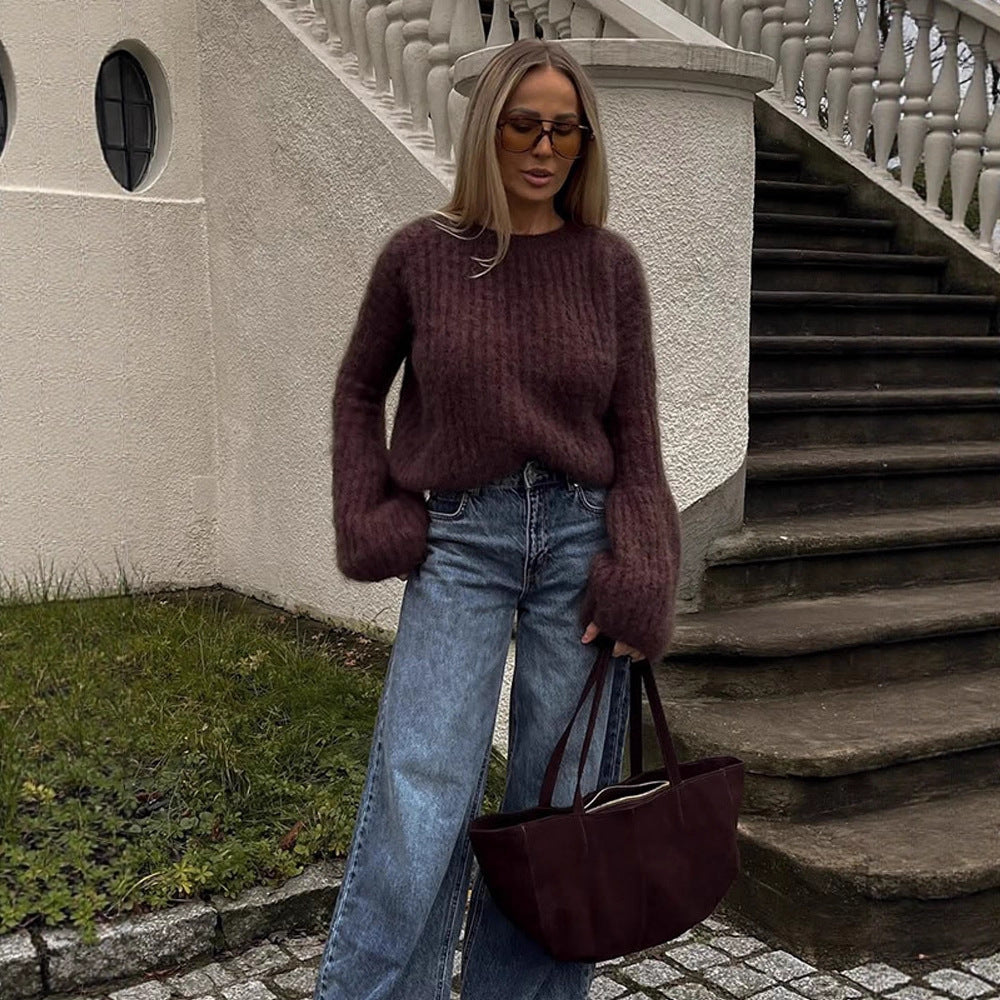 Women's Oversized Mohair Sweater with voluminous Balloon Sleeves and Fine Knit Collar Amarae