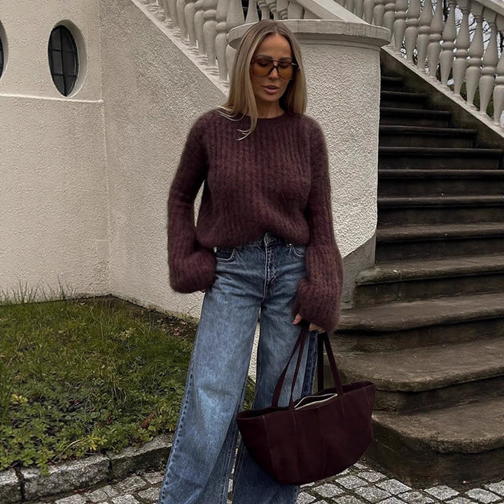 Women's Oversized Mohair Sweater with voluminous Balloon Sleeves and Fine Knit Collar Amarae