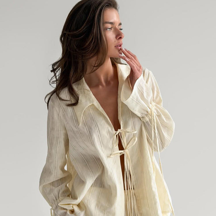 Women Loose Fitting Linen Look Blouse with Decorative Ties and Transparent Stripe Structure Amarae