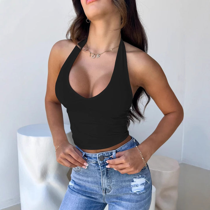 Women's crop top with deep V-neck and modern halter design Lune London