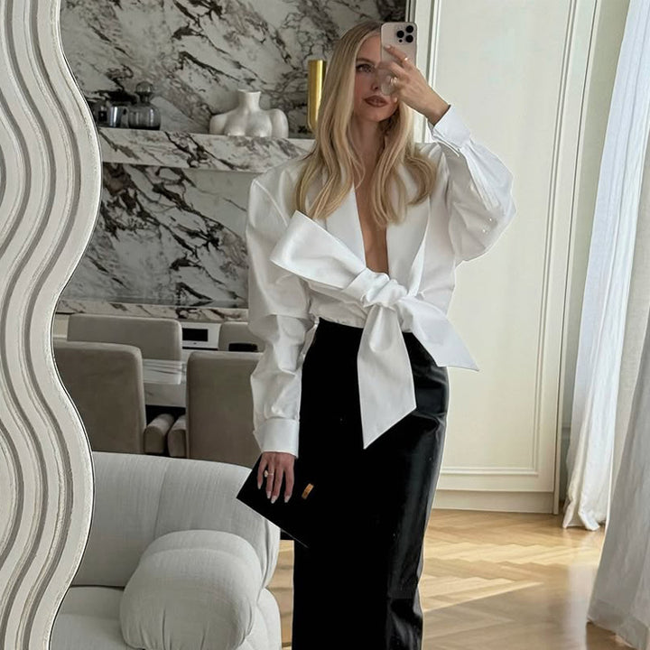 Women Tailored Blouse with XXL Volume Sleeves and Front Knot Amarae