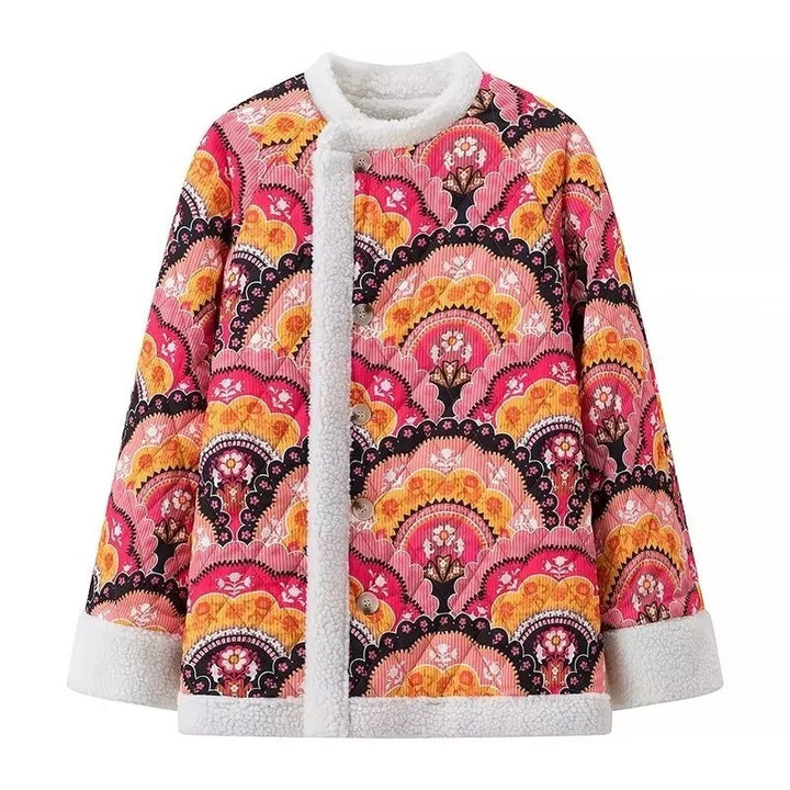 Ladies fashionable quilted jacket with a colorful pattern and soft fleece lining Lune London