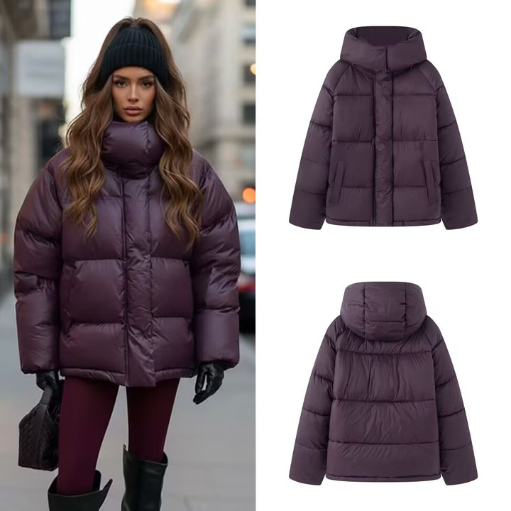 Women's Oversize Quilted Puffer Jacket with High Collar and Hood Amarae
