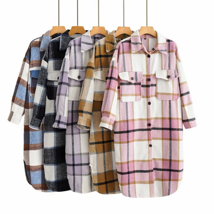 Women's Checked Longline Shacket Coat with Rounded Hem and Patch Breast Pockets Amarae