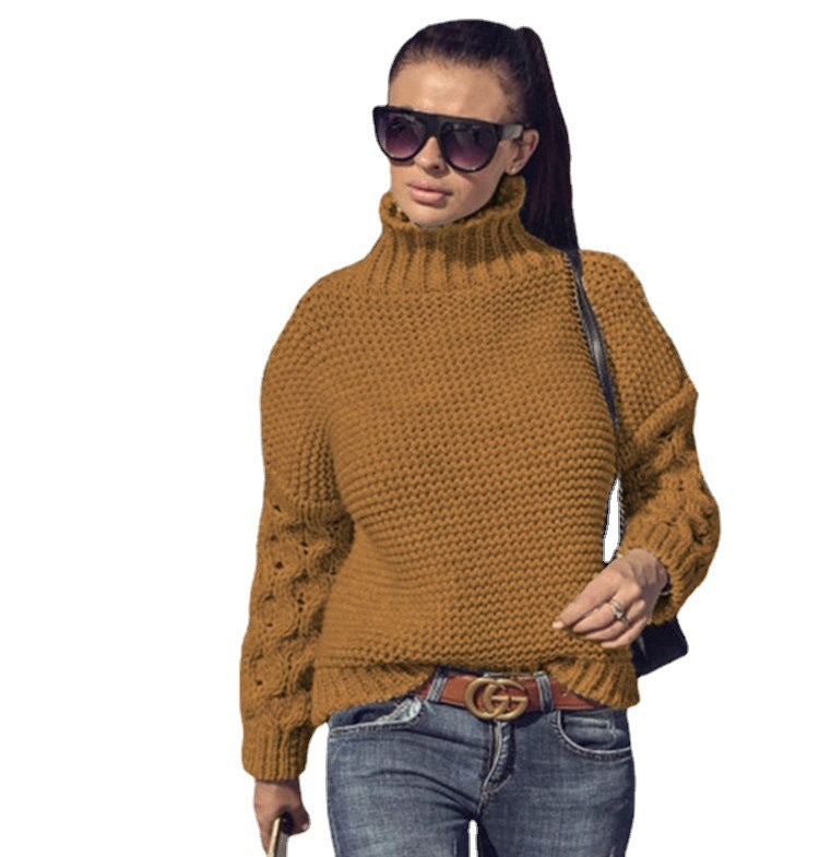 Thick knit sweater for women with a high neck and textured sleeve design Lune London