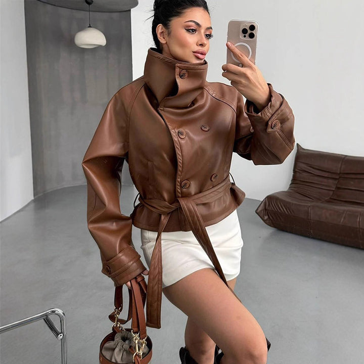 Women Tailored Short Blouson Jacket made of Imitation Leather with High Stand-up Collar and Ties Belt Amarae