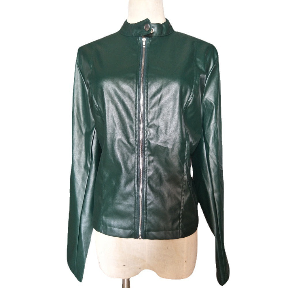 Ladies fitted faux leather biker jacket with stand-up collar and decorative seams Amarae