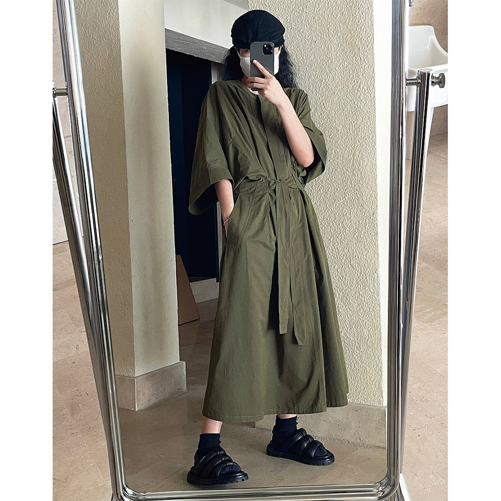 Women's Long Wrap Dress made of Cotton Blend with Wide Kimono Sleeve Amarae