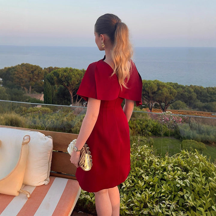 Ladies Elegant Cape Dress with Tailored A-Line and Stand Collar Amarae