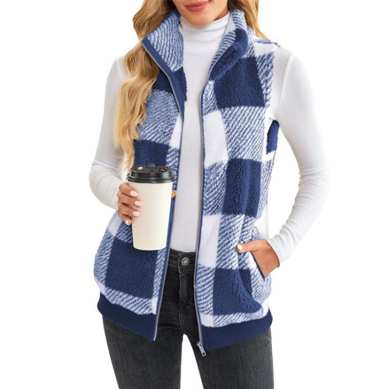 Ladies Checked Teddy Vest with Stand-Up Collar, Zipper and Side Pockets Amarae