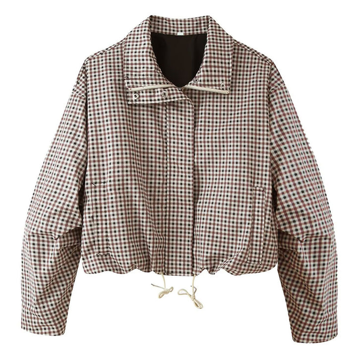 Women's Checked Cropped Field Jacket with Drawstring Hem, Stand-Up Collar and Boxy Silhouette Amarae