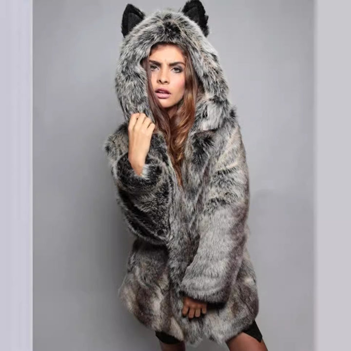Women's Short Hooded Jacket made of vegan high-pile synthetic fur with cat ears and tailored silhouette Amarae
